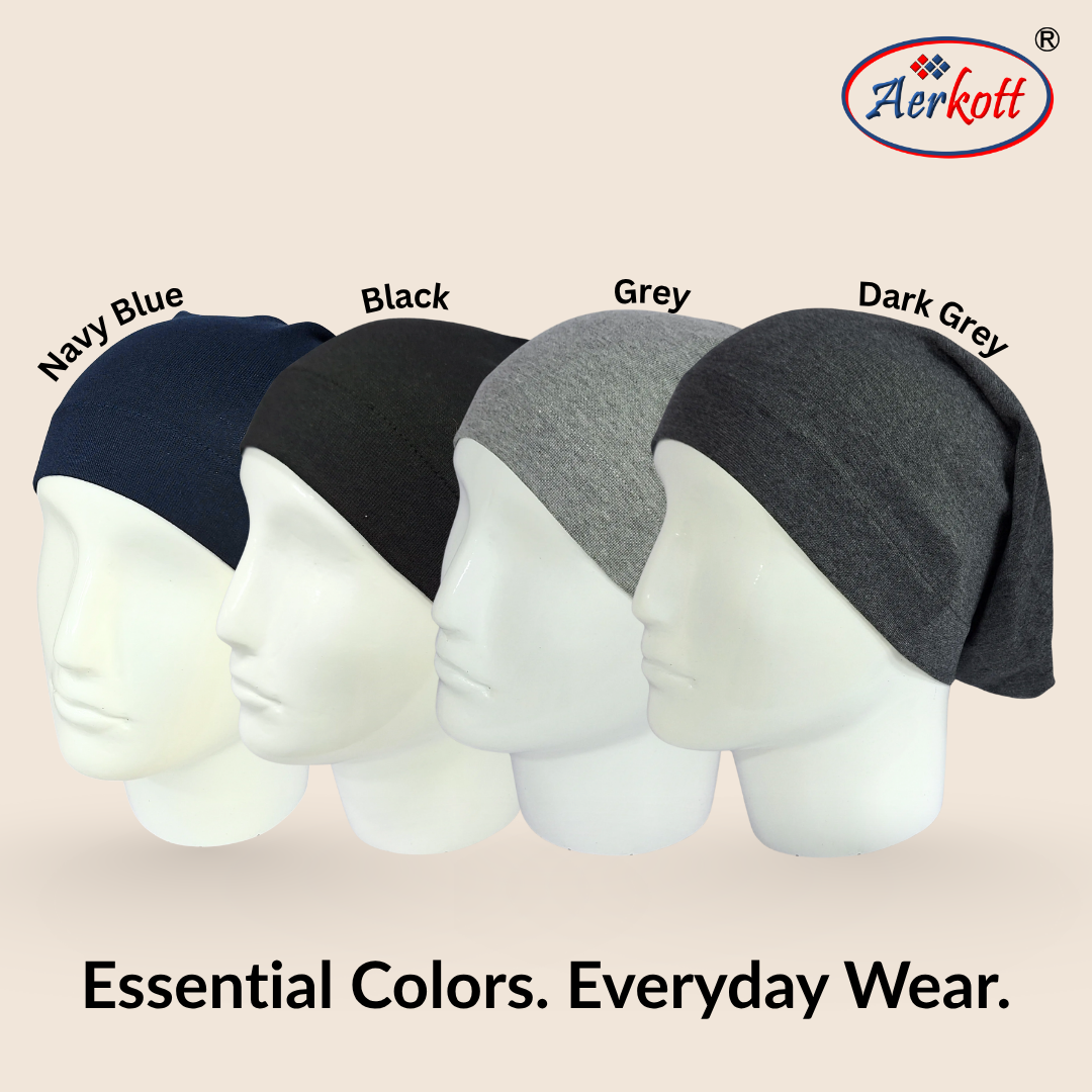 Four beanies in navy blue, black, gray, and dark gray on mannequin heads with Aerkott branding.