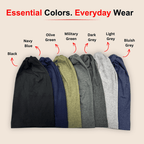Set of folded bEANIE in various colors with labels on a beige background