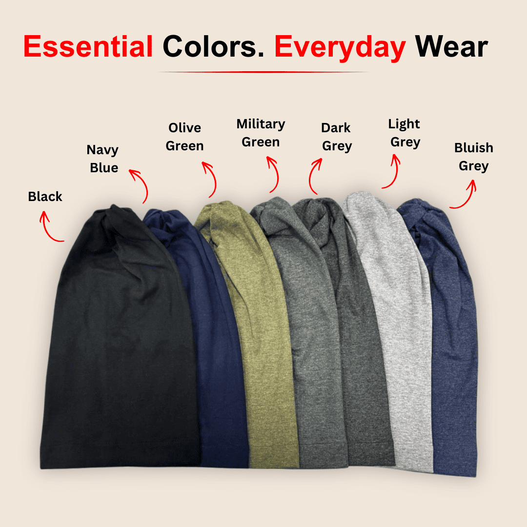 Set of folded bEANIE in various colors with labels on a beige background