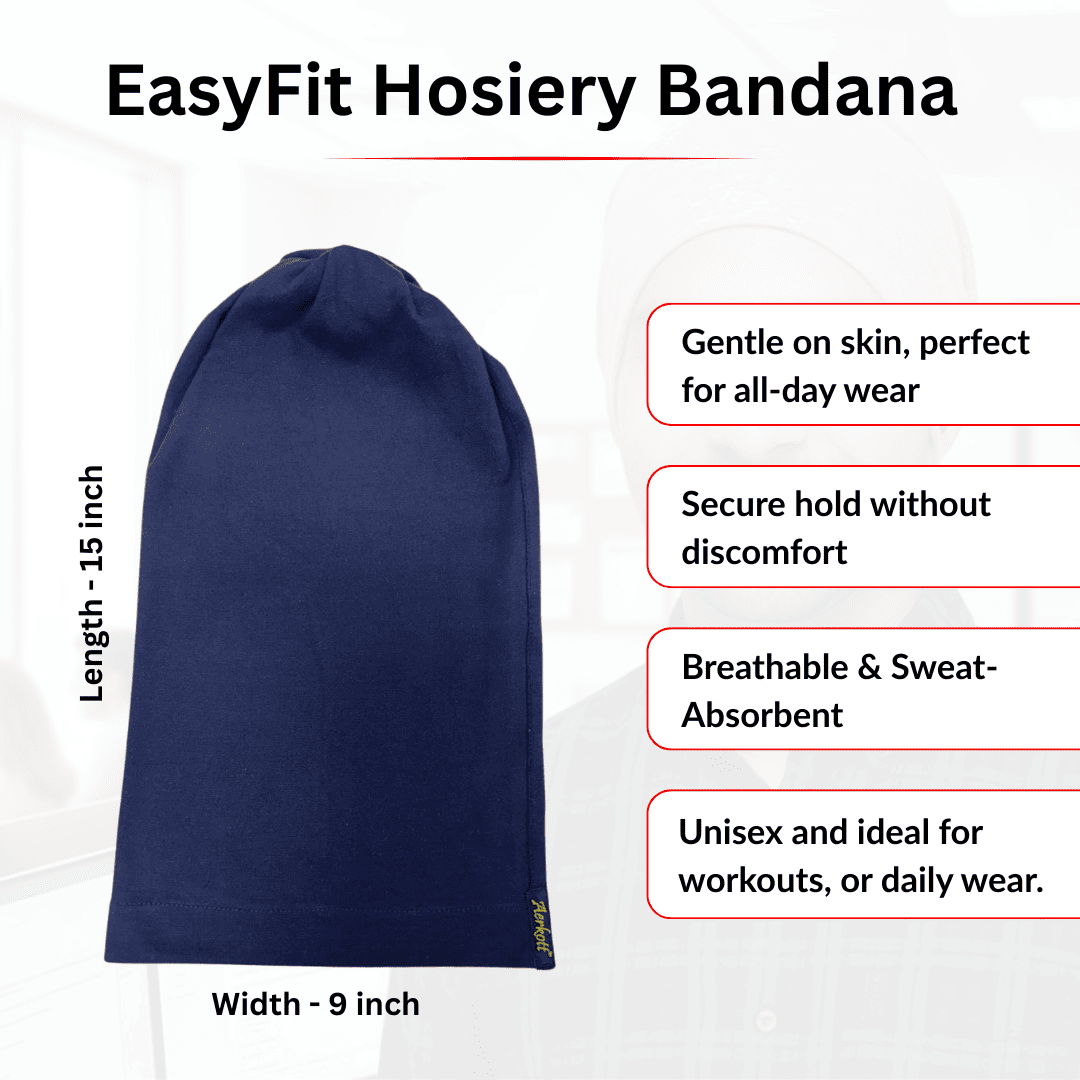 Navy blue hosiery bandana with product features on a white background