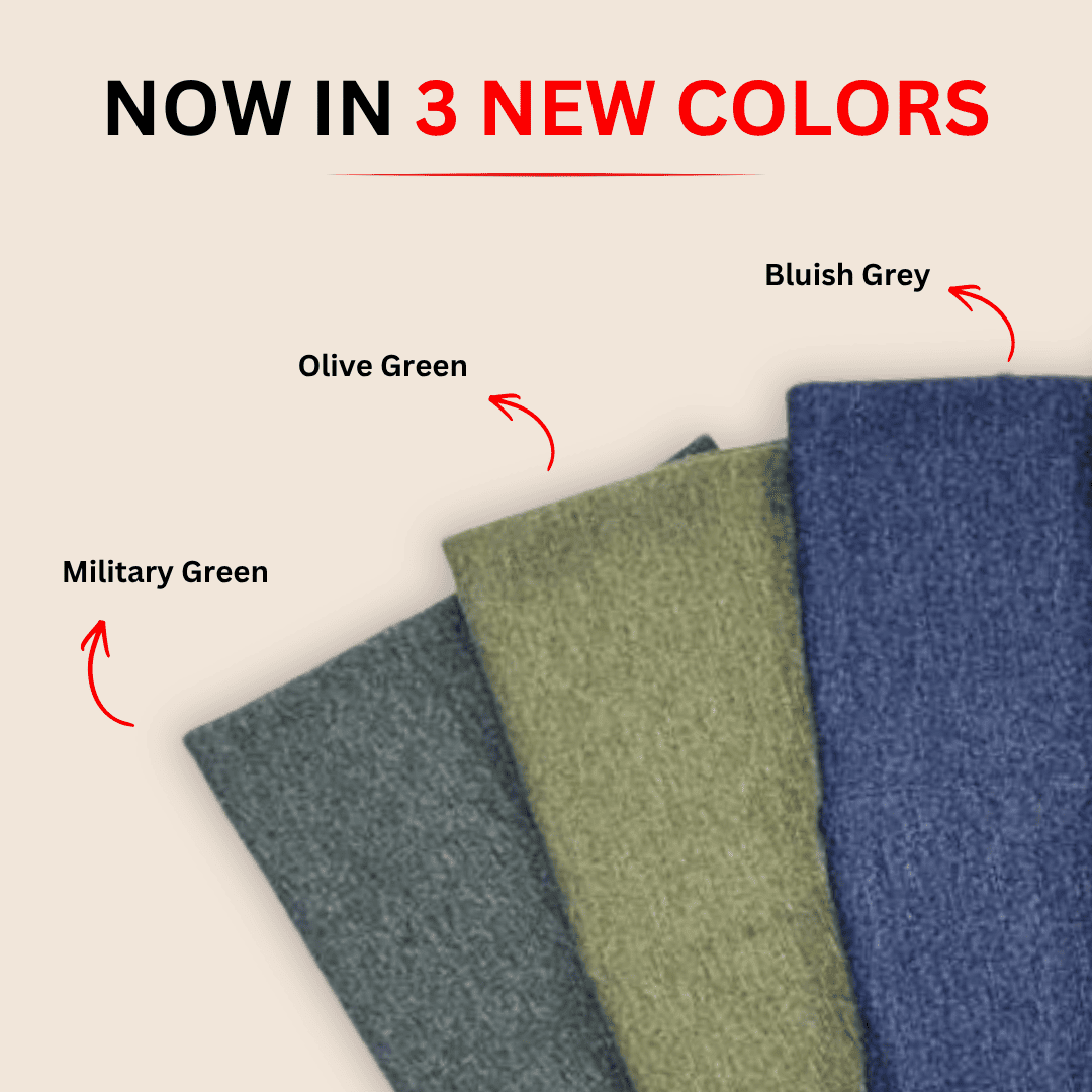 Three fabric swatches in Olive Green, Bluish Grey, and Military Green with text indicating new colors.