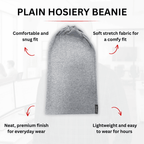 Gray beanie with text highlighting features on a white background