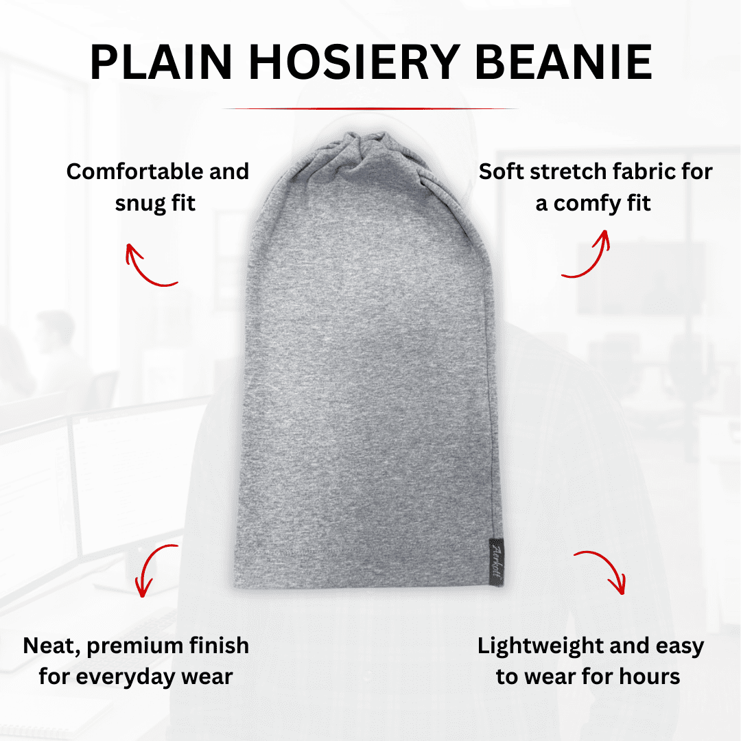 Gray beanie with text highlighting features on a white background