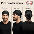 Black ProForm bandana displayed from front, side, and back views on a beige background with Aerokott logo.