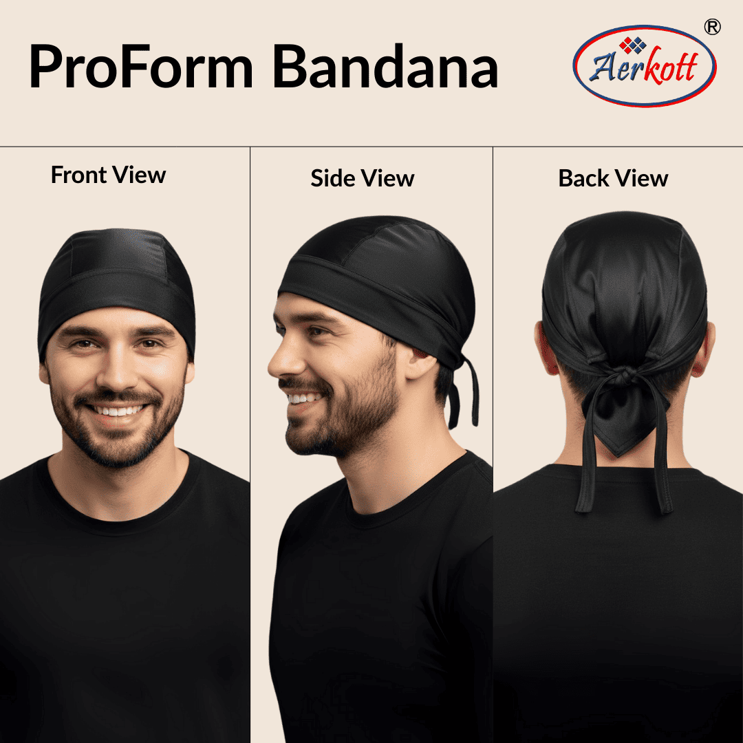 Black ProForm bandana displayed from front, side, and back views on a beige background with Aerokott logo.