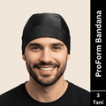 Man wearing a black ProForm bandana with 'ProForm Bandana' text on a beige background