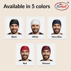 Five color options for turbans with a man wearing each color against a beige background, featuring the Aerkott brand.