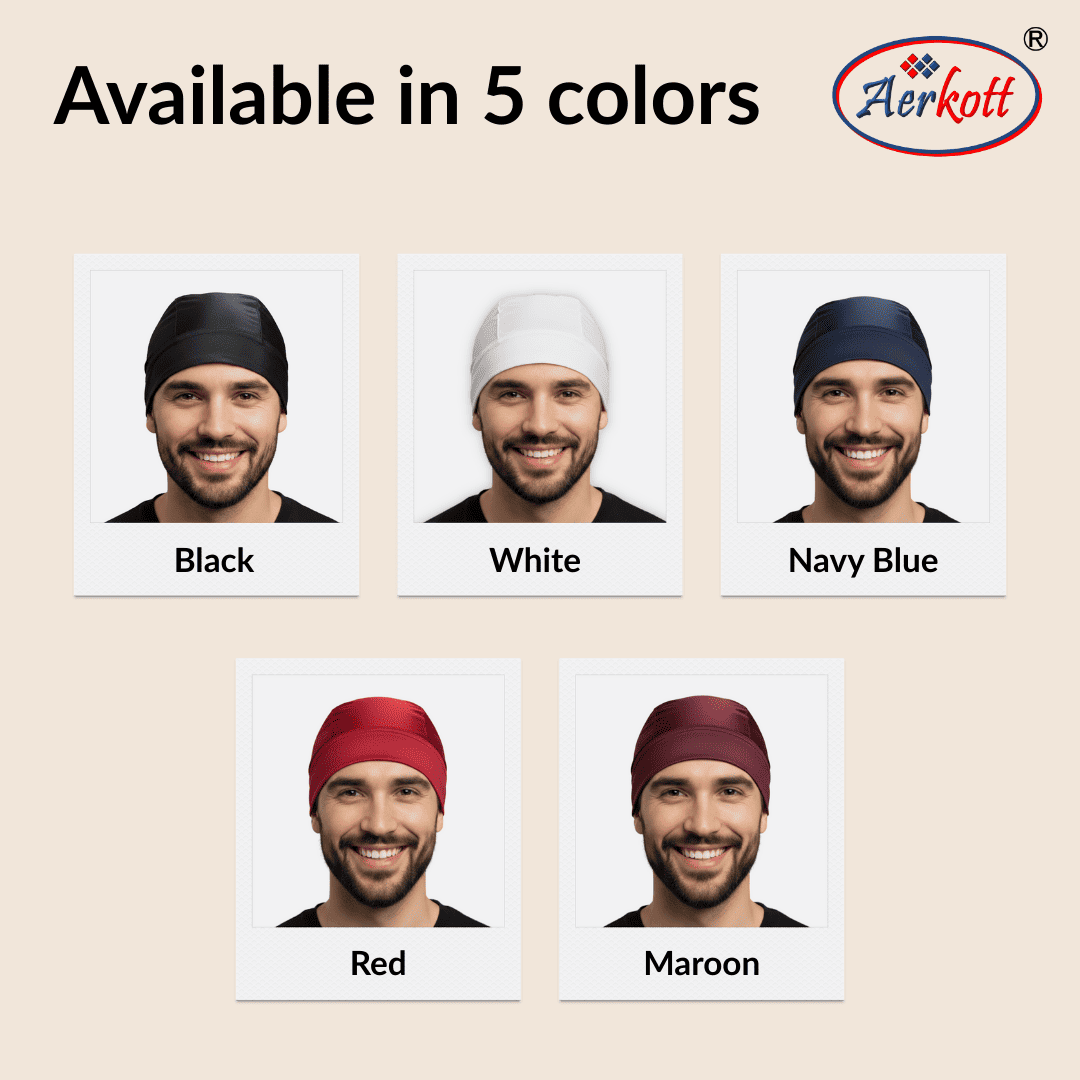Five color options for turbans with a man wearing each color against a beige background, featuring the Aerkott brand.