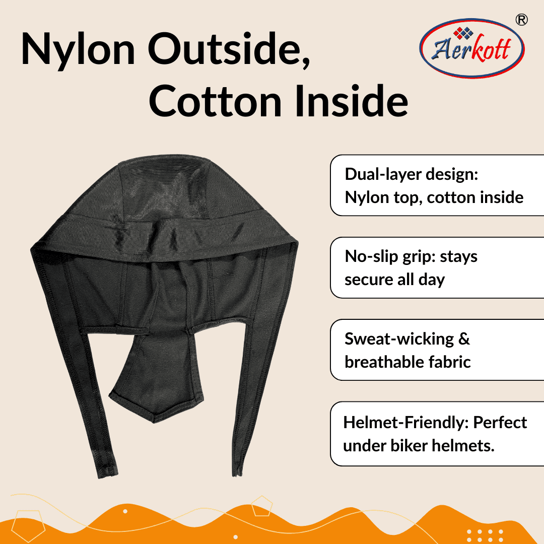 Black head wrap with text detailing features on a beige background, featuring the Aerkott brand.