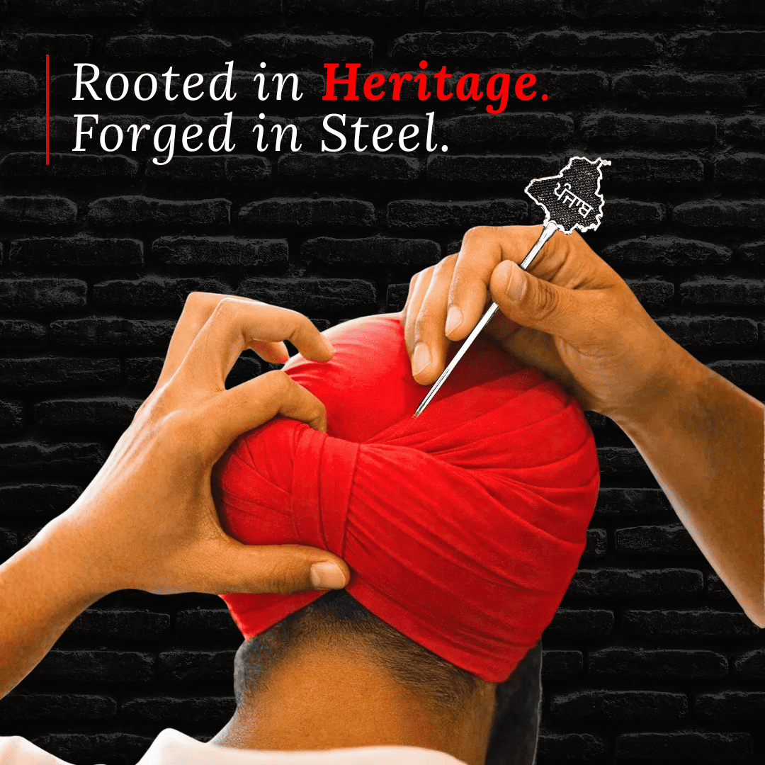 Person adjusting a red turban with text 'Rooted in Heritage. Forged in Steel.' on a dark brick wall background.