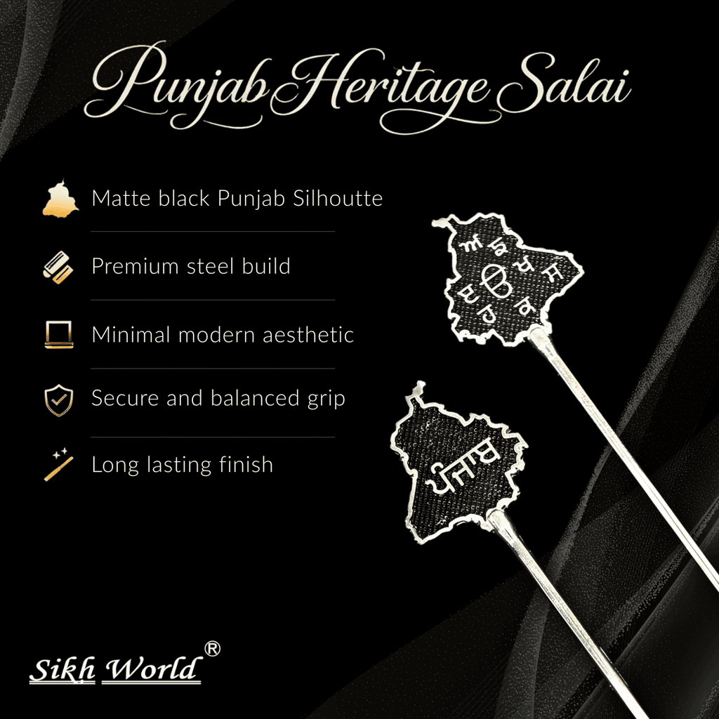 Punjab Heritage Salai product with features listed on a black background, featuring Sikh World brand.