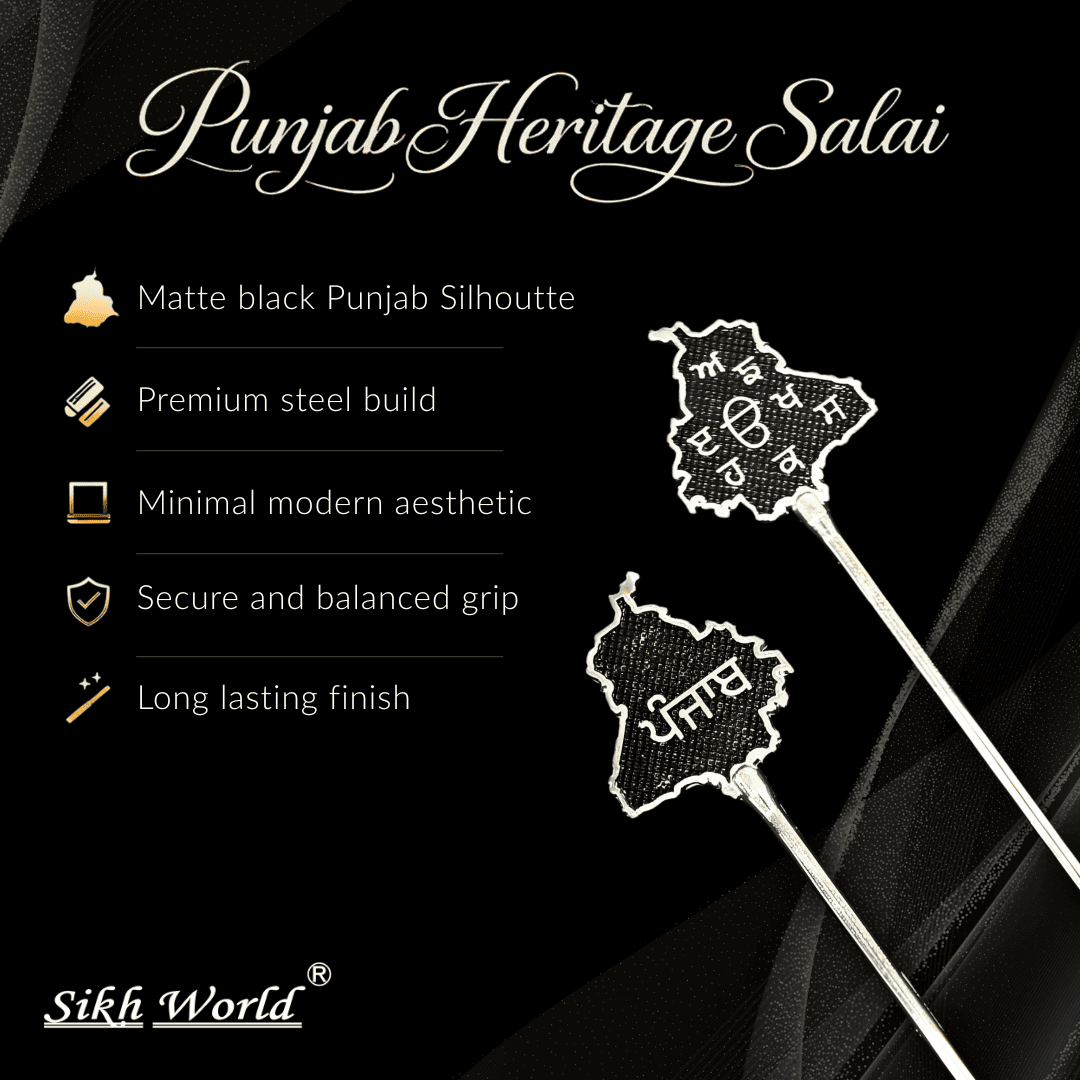 Punjab Heritage Salai product with features listed on a black background, featuring Sikh World brand.