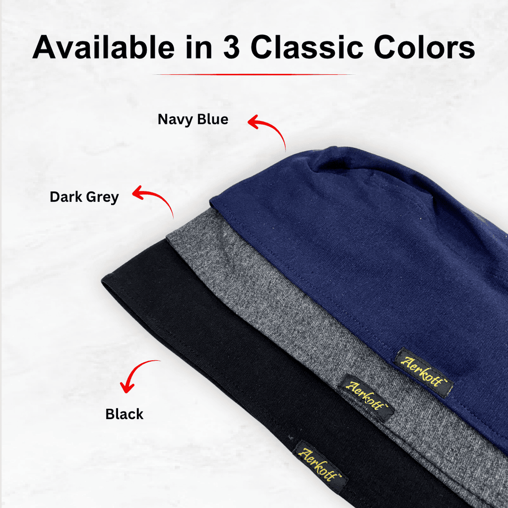 Three folded fabrics in navy blue, dark grey, and black with Aer loft labels on a white background.