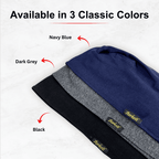 Three folded fabrics in navy blue, dark grey, and black with Aer loft labels on a white background.