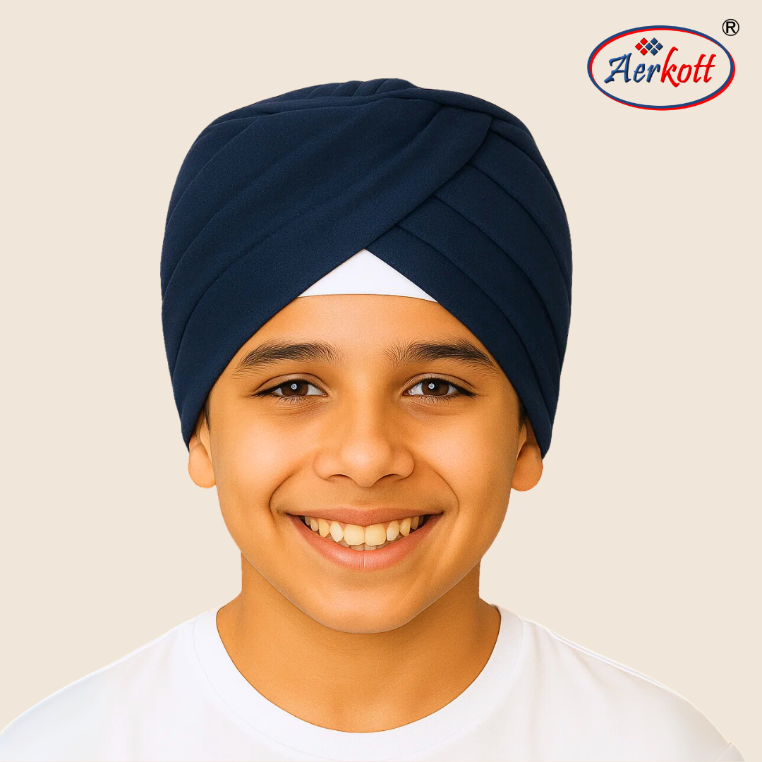 Person wearing a navy blue turban with Aerkott logo in the corner