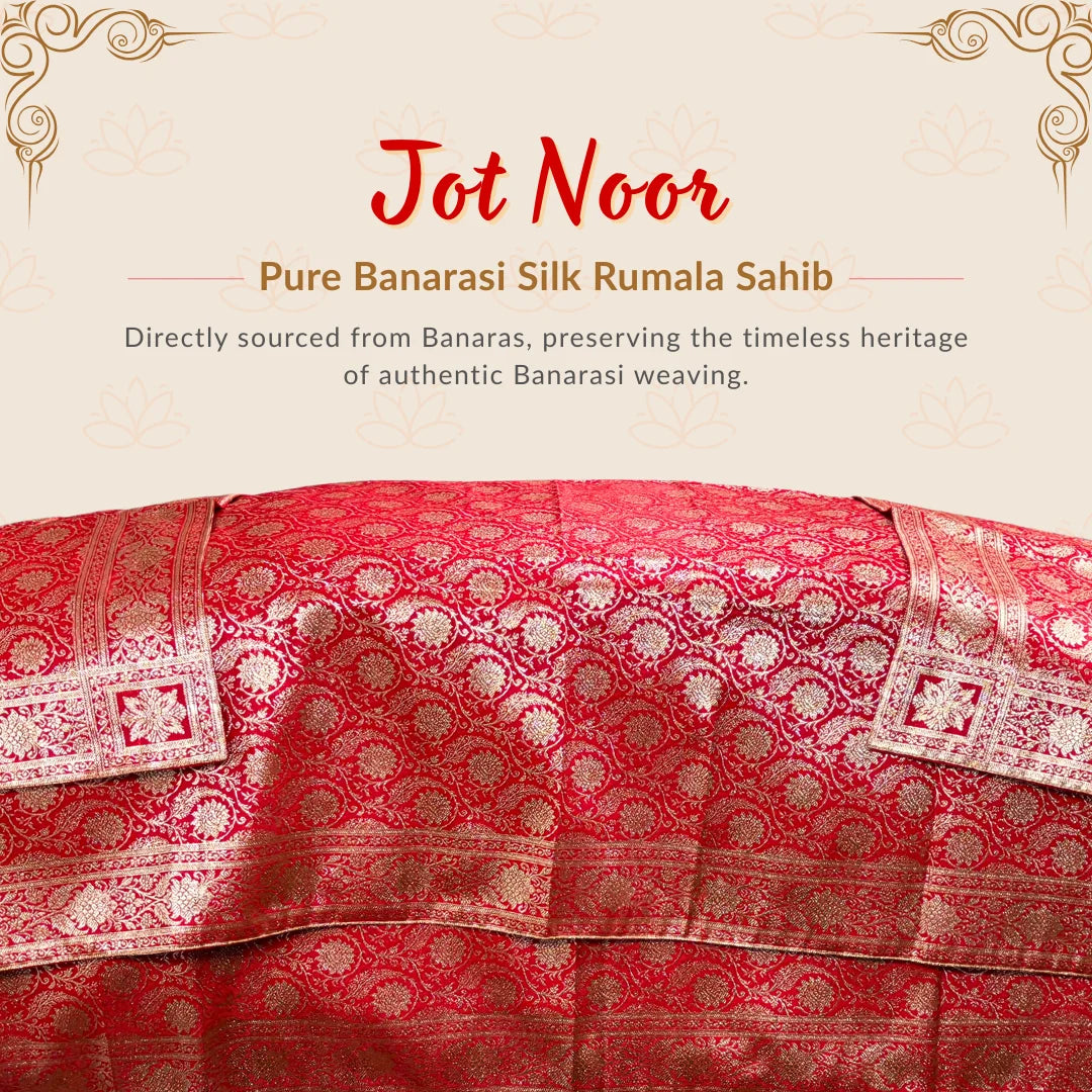 Red Banarasi Silk Rumala Sahib double set with intricate golden floral motifs