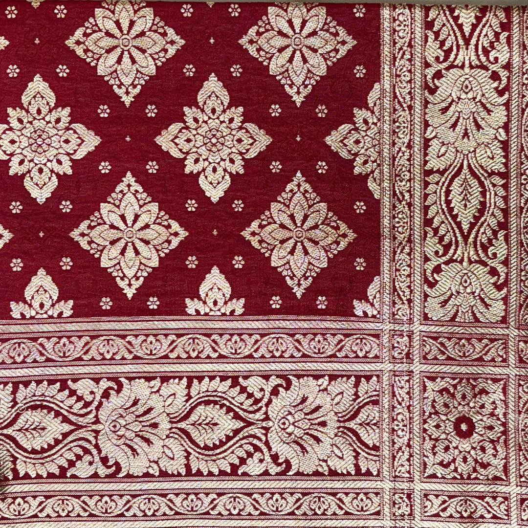 Red Banarasi Silk Rumala Sahib double set with traditional golden motifs