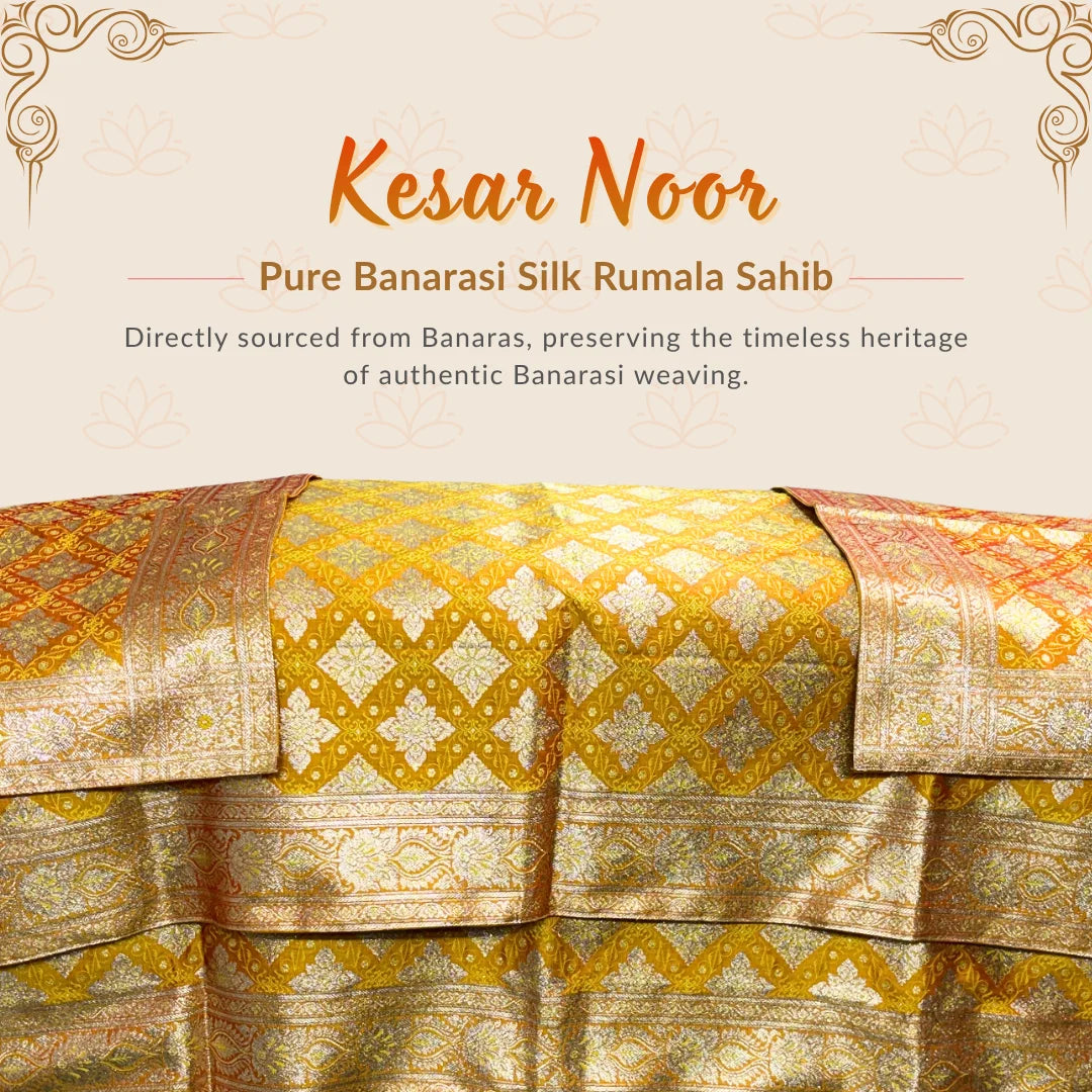 Red and mustard yellow dual-tone Banarasi silk Rumala Sahib with gold zari
