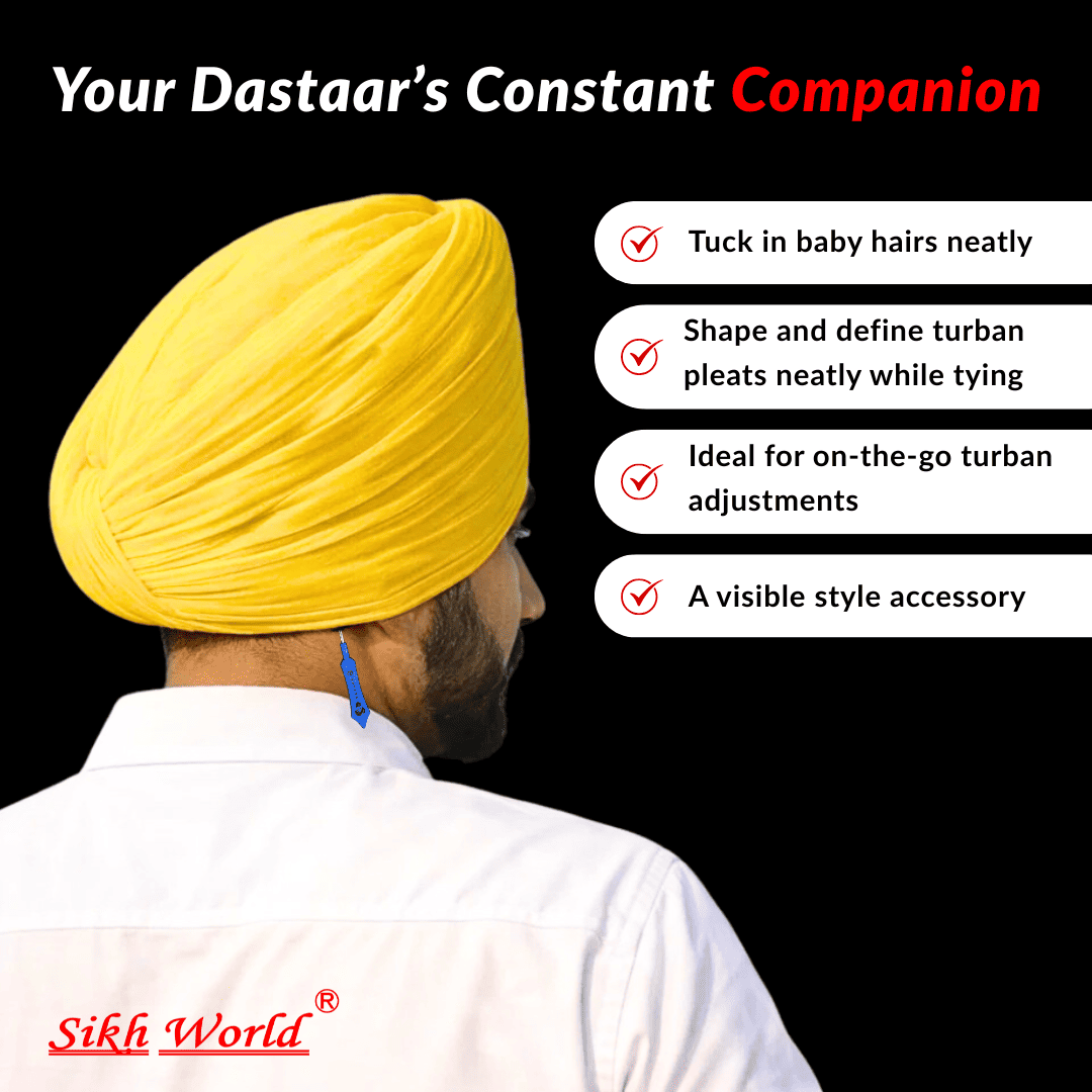 Person wearing a yellow turban with text on how to properly wear it, branded 'Sikh World'.