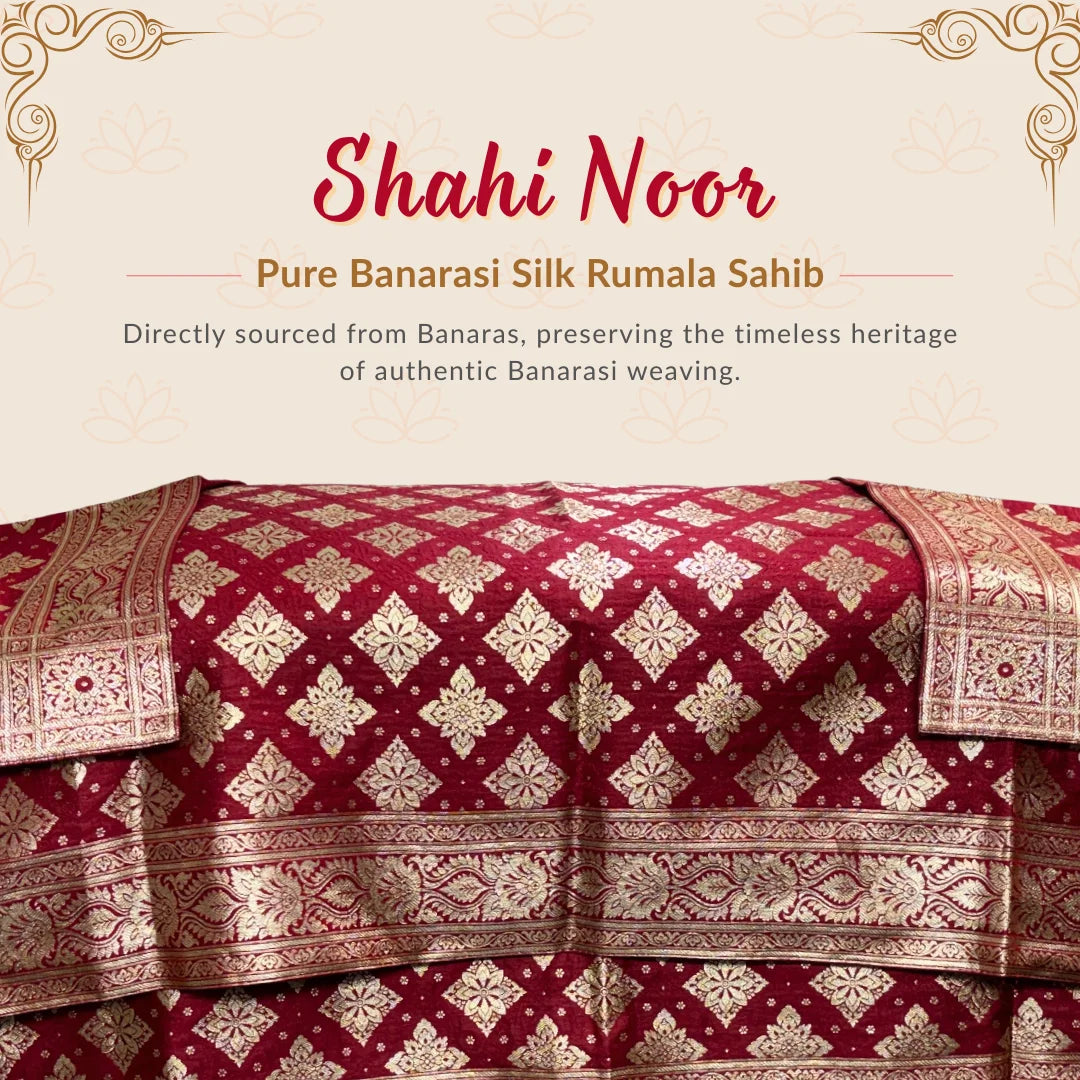 Shahi Noor Rumala Sahib in deep red with intricate golden zari border