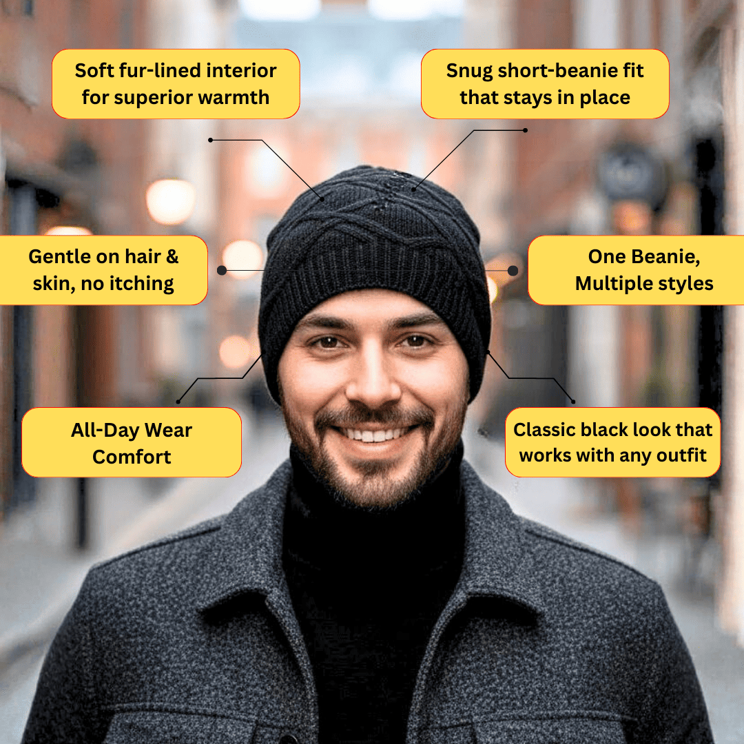 Man wearing a black beanie with text highlighting features, outdoors.