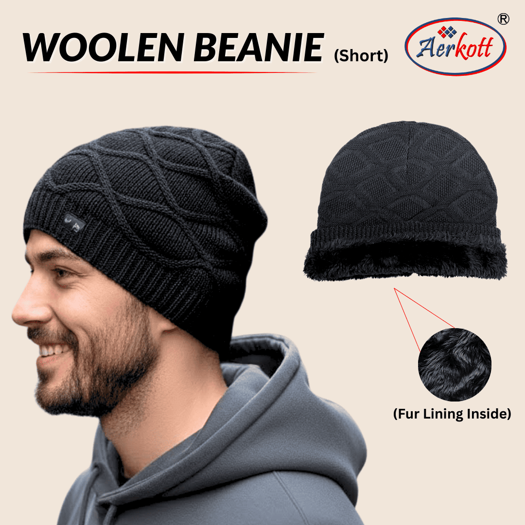 Black woolen beanie with fur lining inside, worn by a man, on a beige background with Aerkott branding.