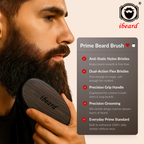 Man with a beard using an iBeard Prime Beard Brush with product features displayed. beard brush with nylon bristles