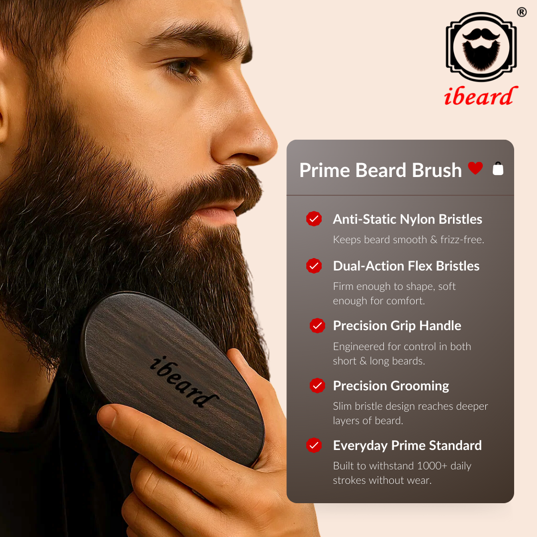 Man with a beard using an iBeard Prime Beard Brush with product features displayed. beard brush with nylon bristles