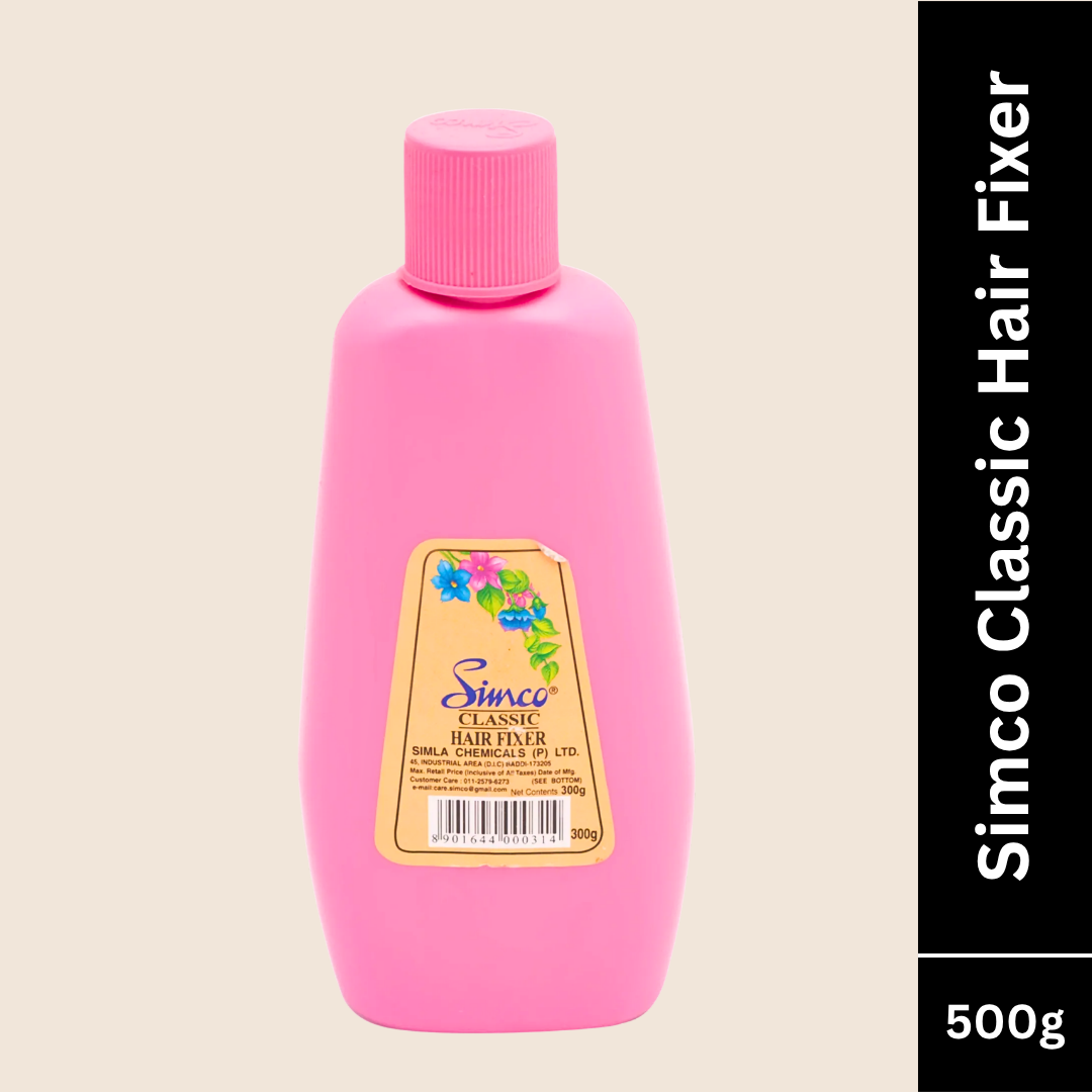 Pink bottle of Simco Classic Hair Fixer 500g on a beige background