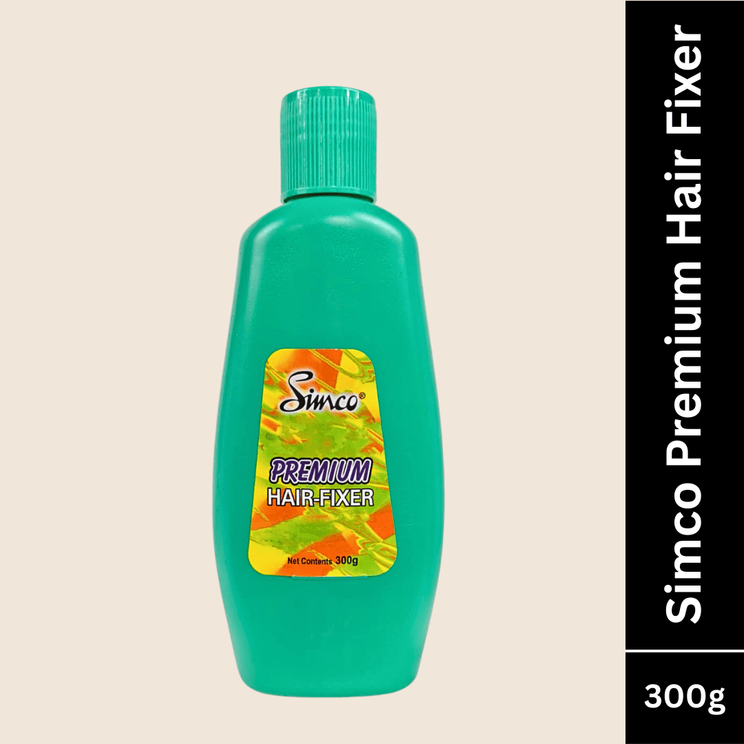 Green bottle of Simco Premium Hair Fixer on a beige background
