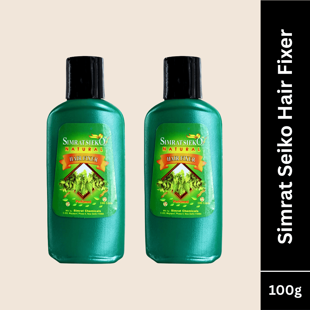 Two bottles of Simrat Seiko Hair Fixer on a beige background