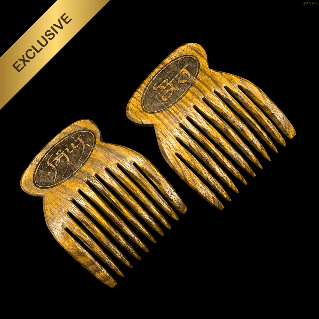 Two wooden combs with engraved logos on a black background, labeled 'Exclusive'.