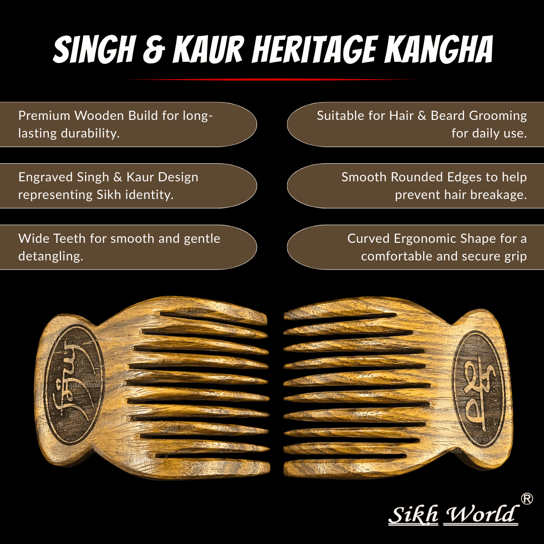 Singh & Kaur Heritage Kangha with product features on a black background