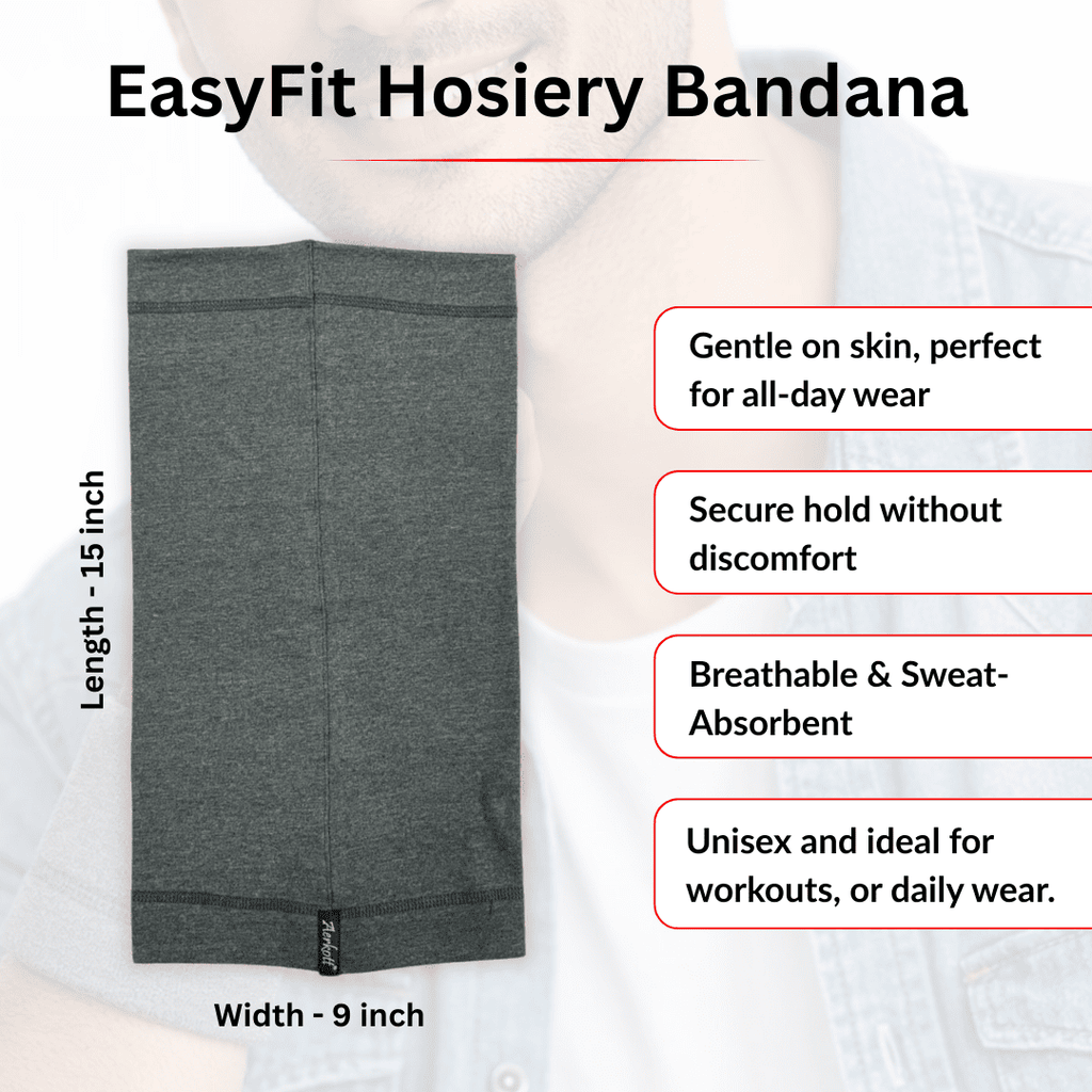 Gray hosiery bandana with product features on a white background