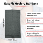 Gray hosiery bandana with product features on a white background