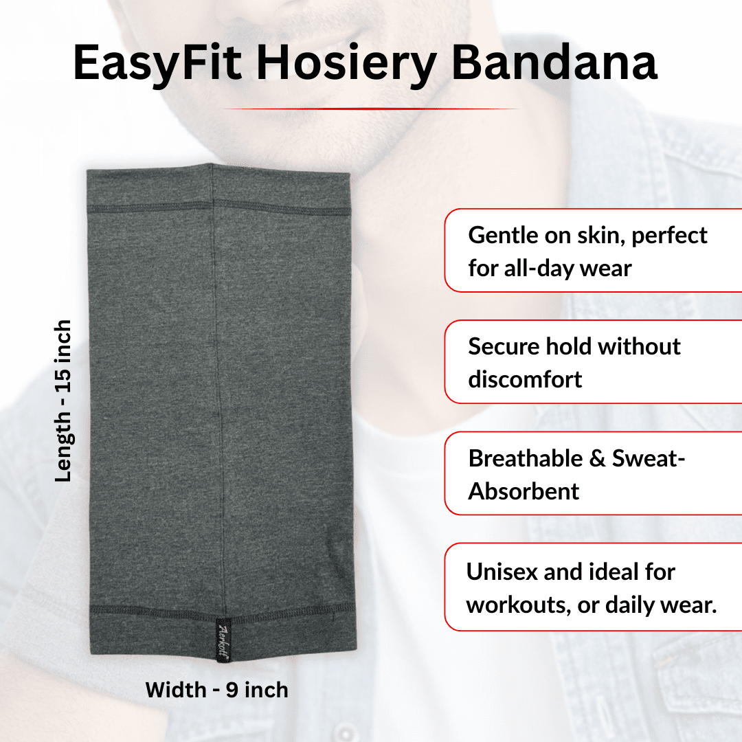Gray hosiery bandana with product features on a white background