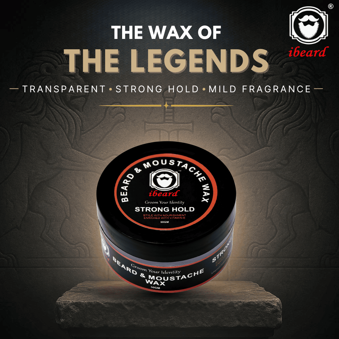 Beard and moustache wax container with 'ibeard' branding on a dark background