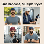 Four images of a man wearing a bandana in different settings with text 'One bandana, Multiple styles'.