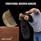Traditional wooden kangha comb with a person using it on black background, featuring 'Sikh World' branding.