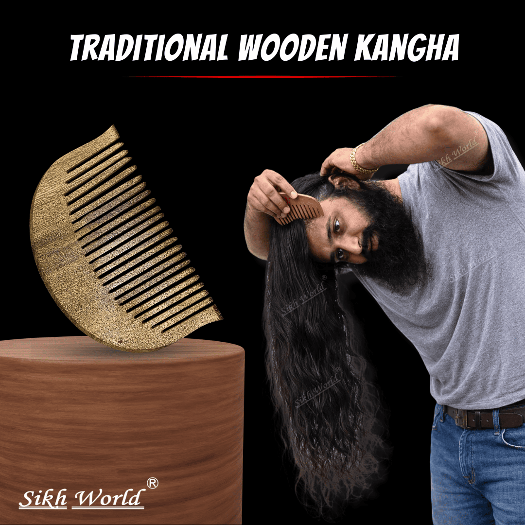 Traditional wooden kangha comb with a person using it on black background, featuring 'Sikh World' branding.