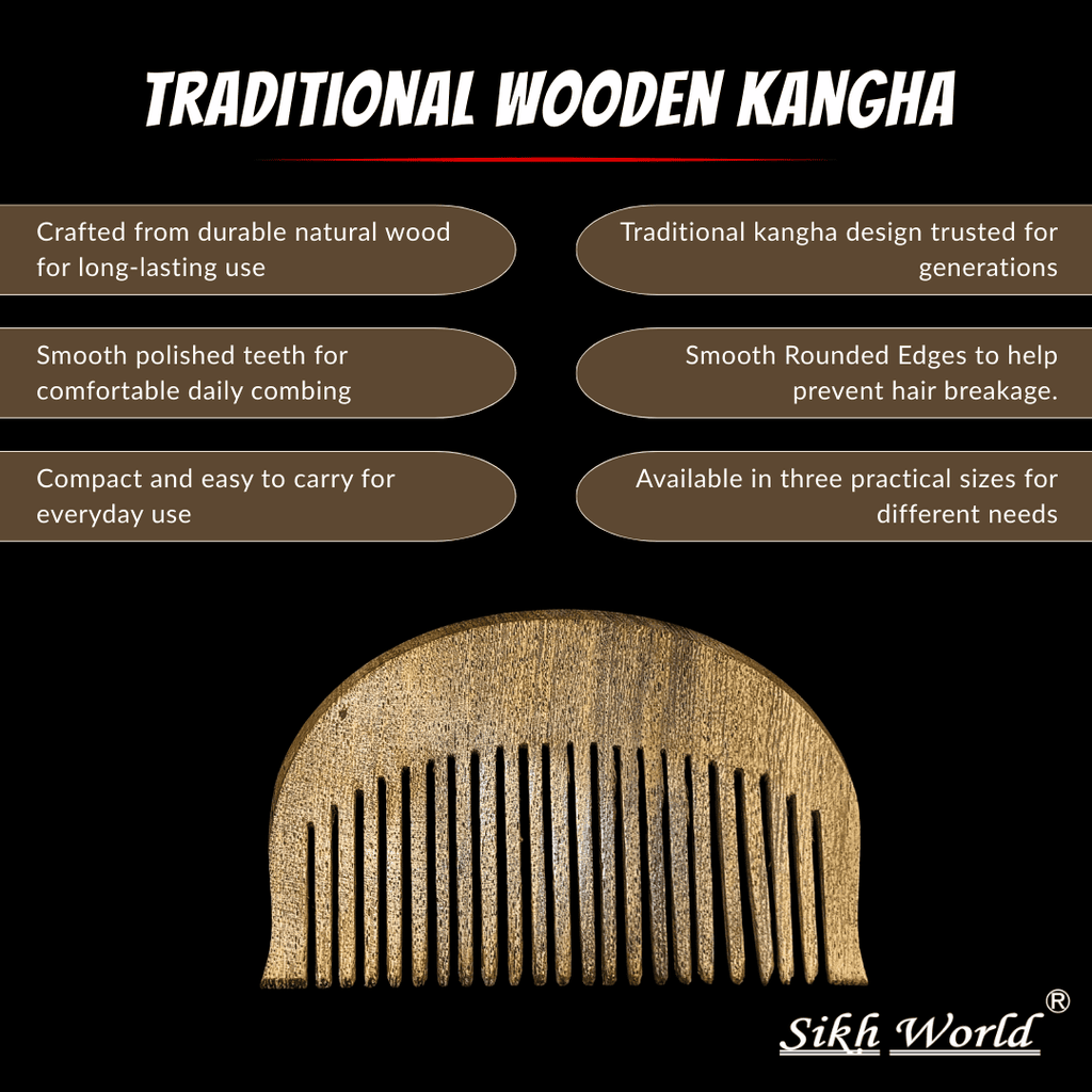 Traditional wooden kangha with features listed on a black background, branded as Sikh World.
