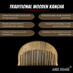 Traditional wooden kangha with features listed on a black background, branded as Sikh World.