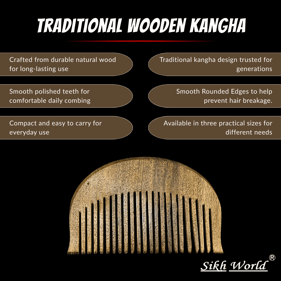 Traditional wooden kangha with features listed on a black background, branded as Sikh World.