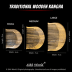 Three sizes of wooden kangha combs with measurements on a black background, branded as Sikh World.