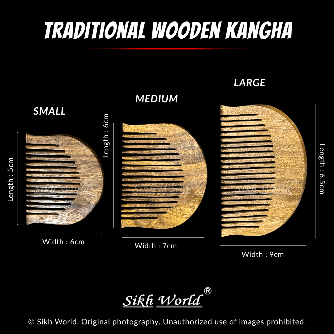 Three sizes of wooden kangha combs with measurements on a black background, branded as Sikh World.
