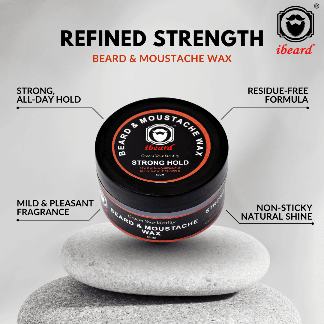 iBeard beard and moustache wax jar with features listed on a gray background