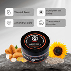 Beard and moustache wax container with ingredients and benefits displayed on a gray background