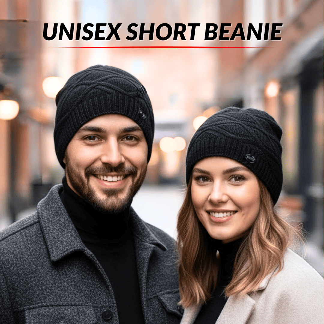Two people wearing black beanies with a blurred city street background and text 'UNISEX SHORT BEANIE'.