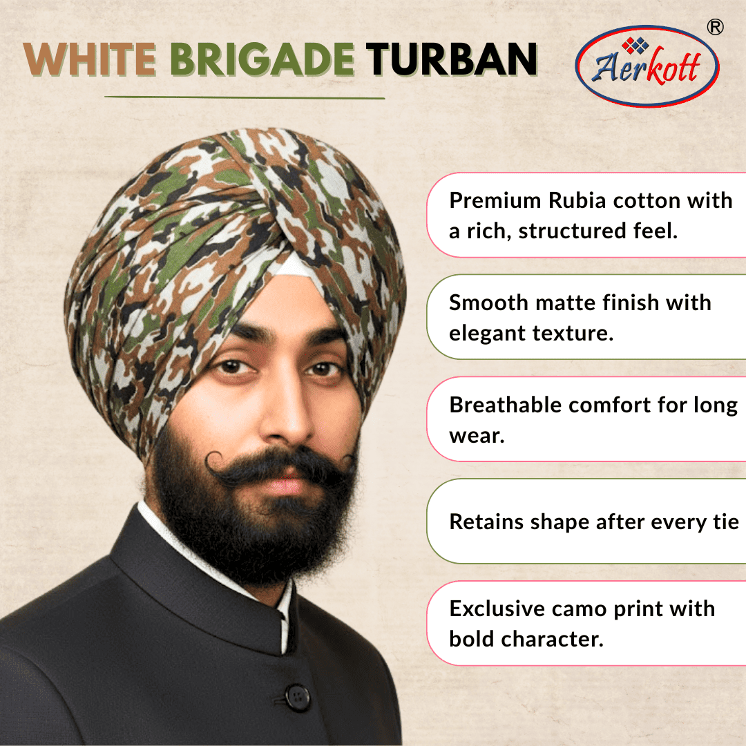 Person wearing a white brigade turban with Aerkott branding and product features.