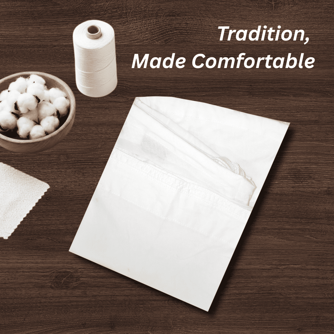 White fabric, cotton bowl, and spool of thread on a wooden surface with 'Tradition, Made Comfortable' text.